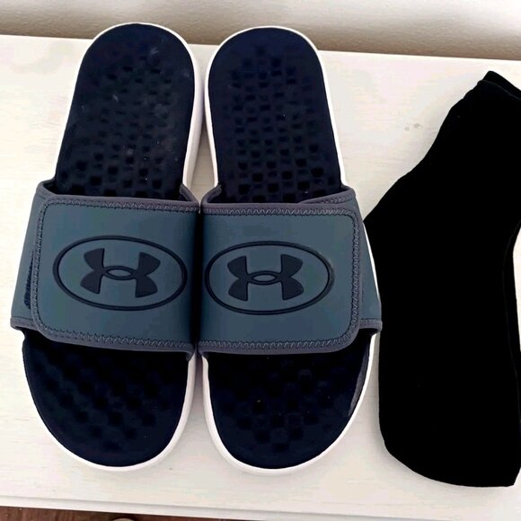 Under Armour Ignite Pro Slides Mens Size 13 Blue + White + Socks - Picture 1 of 6